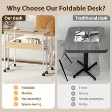 Folding Desk Small Rolling Desk With Storage Shelf,31.5 Inch Foldable Computer Table For Small Spaces, Space Saving Sofa Table With Wheels For Home Office, Study, Easy Assembly - Wood Color - View 6
