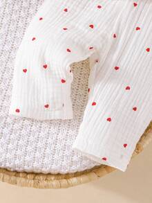Conjunto de Bebê Recém-Nascido Menina Fofo com Top de Botões na Frente com Estampa de Coração e Calça Longa Simples de Algodão