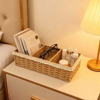 1pc Woven Storage Basket, Desktop Tea Table Storage Box, Snacks And Cosmetics Storage Basket, Rattan Storage Box