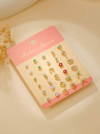 15 Pairs Star, Moon, Heart, Faux Pearl, Butterfly, LOVE, Lollipop, Flower, Geometric Stud Earrings Set, Suitable As Gifts For Friends