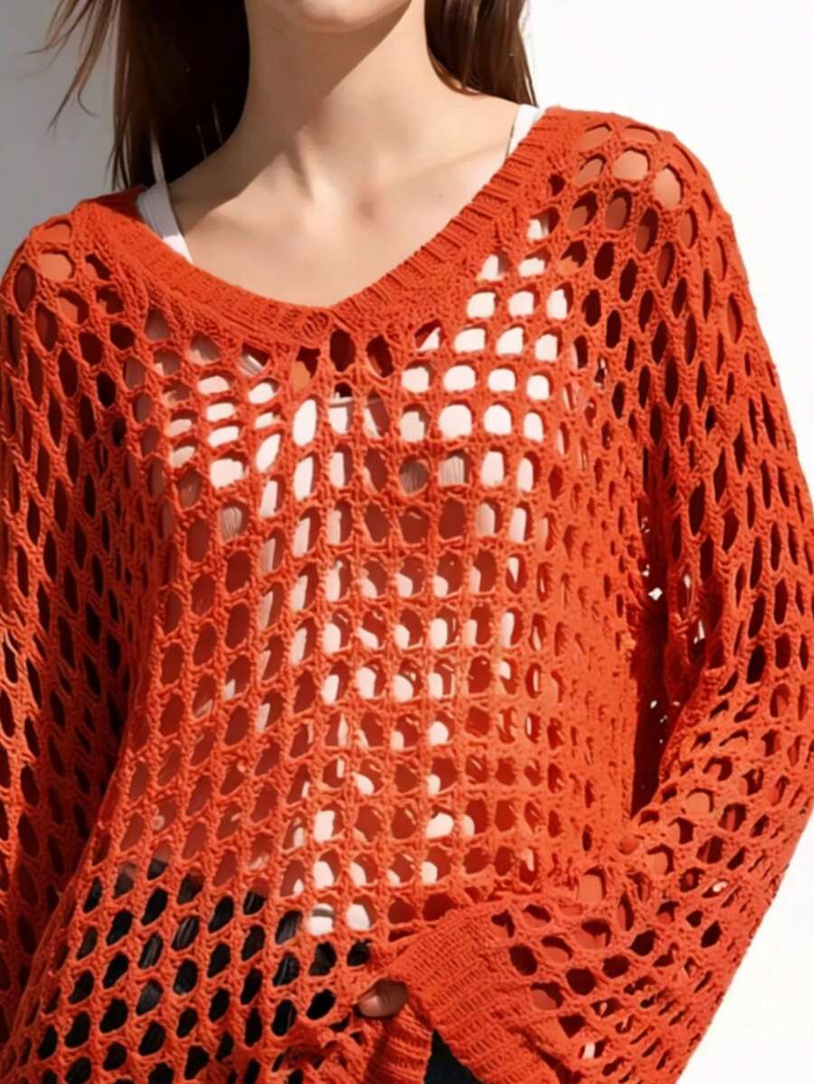Plus Size Women Spring/Summer Solid Color Hollow Knitted Loose Oversize Casual Beach Holiday Cover Up - Orange Red - View 1