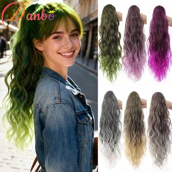 20英寸长水波纹马尾假发接发，合成材质，爪夹式，渐变绿紫灰棕马尾，适合女性日常派对使用