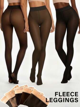 Plus Size Women's Cozy Autumn/Winter New Black Faux Sheer Magic Tights, Fashionable Thick Fleece High Stretch Multi-Color Magic Skin Tights, Suitable For Winter Home, Casual Wear