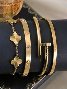 Bộ 4/3/1 vòng tay thép không gỉ mạ vàng 18K, trang sức sang trọng và thanh lịch, phong cách châu Âu, phù hợp cho nữ giới, các lễ hội, tiệc tùng, phong cách đường phố, tiệc chiêu đãi, lễ hội âm nhạc, quà tặng, tiệc bãi biển mùa hè. - Vàng - Xem 7