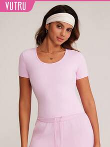 VUTRU Camiseta deportiva de cuello redondo ajustada, top corto de yoga y running - Rosa - Ver 3