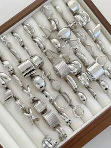 （无盒）8枚/15枚/24枚随机款式朋克戒指套装 - 前卫哥特风工业时尚饰品，可叠戴，金属涂层，不含包装盒 - 适合日常佩戴及特殊场合 - 女士朋克饰品系列 - 銀色 - 查看 2