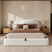 Upholstered Bed, Double Bed, 180 X 200 Cm, Slatted Base, Headboard And Large Storage Space, Headboard Upholstered In Beige Boucle Fabric - Beige - View 9