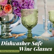 Sunflower Embossed Wine Glasses Set Of 6 – 10oz Green Vintage Goblets, Dishwasher Friendly Stemmed Drinking Cups For Wedding Toast, Cocktail, Juice & Home Entertaining - 綠色 - 查看 6