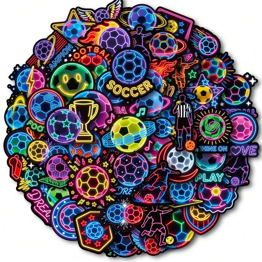 56pcs/Set Neon Stickers, Neon Soccer Ball Pattern Sticker Pack For Laptop, Water Bottle, Notebook, Holiday Party Favors, Decor, Phone, Skateboard, Guitar, Vinyl Stickers For School Teachers, Students, Teens, Holiday Decorations, Graduation Decor, School Supplies, Back To School - Multicolor - View 1