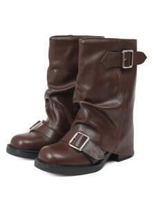 Fold Over Boots For Women Round Toe Block Heel Pull On Boots Women Buckle Decor Motorcycle Boot Fashion Comfortable Outdoor Mid-Calf Boots Riding Shoes For Working Party Christmas Gift - 棕色 - 查看 9