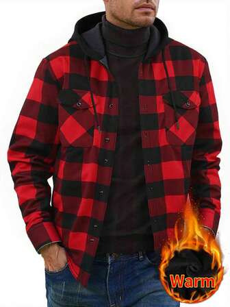 1pc Men's Plaid Button-Down Collar Long Sleeve Shacket With Chest Pocket, Regular Fit, Thermal Lined Thickened Button-Up Shacket, Fall/Winter