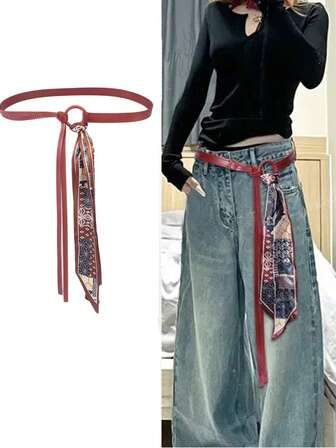 Vintage French Red Silk Scarf Belt Hip Hop Decorative Leather Belt Women's Silk Ribbon Waist Chain Decorative Belt