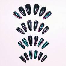 Black Line Punk Almond-Shaped Nail Art Stickers, Fashionable Wearable Nail Art, 24 Pieces Of False Nails. - 龐克 - 查看 3
