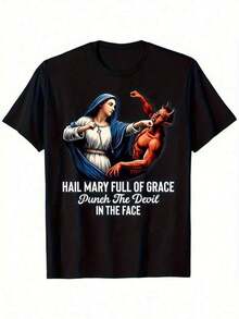 Camiseta religiosa católica con gráfico completo del diablo, María vs. el diablo, camiseta unisex de ajuste regular para hombres, mujeres, regalo del Día de la Madre - Negro - Ver 1