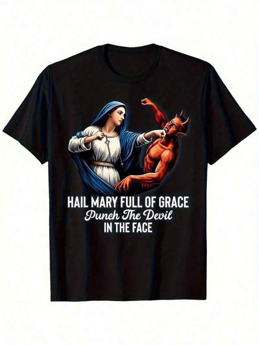 Camiseta religiosa católica con gráfico completo del diablo, María vs. el diablo, camiseta unisex de ajuste regular para hombres, mujeres, regalo del Día de la Madre - Negro - Ver 1