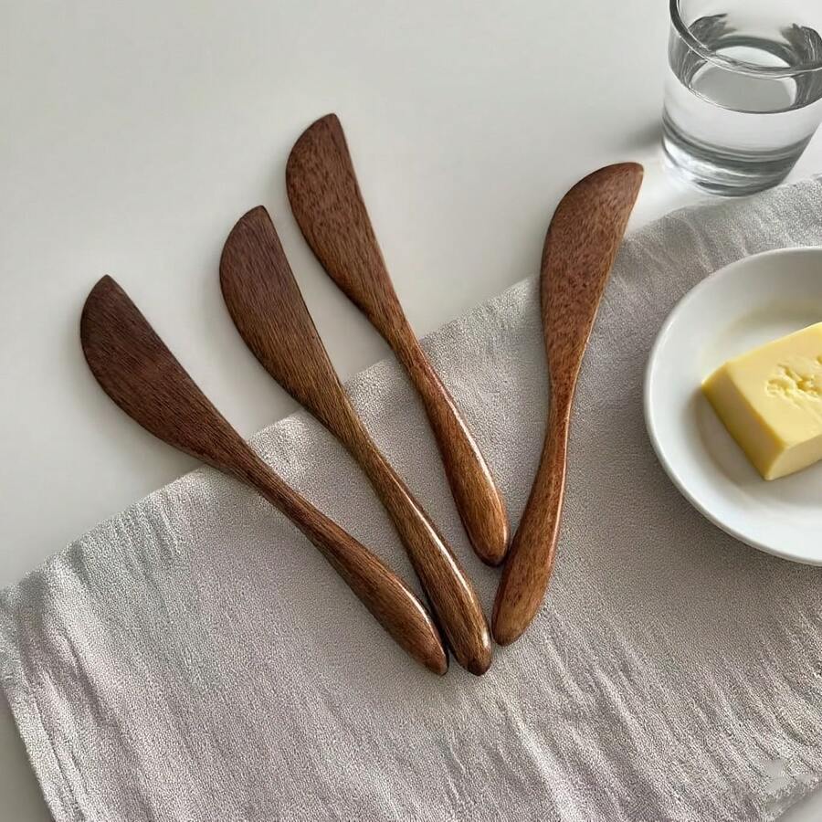 4pcs Wooden Cheese Butter Spreaders, Suitable For Spreading Jam, Peanut Butter, Cheese, Butter, Easy To Clean, Perfect For Restaurant, Kitchen, Ideal Kitchen Tool - 棕色 - 查看 1