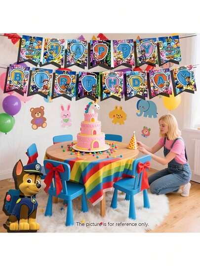 Paw Patrol 1件可重复使用的派对横幅，趣味横幅，可爱卡通人物创意派对装饰套装，适用于房间装饰、复活节装饰、开斋节礼物、母亲节礼物、婚礼季、情人节和各种派对装饰（款式随机）