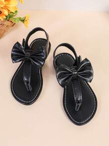 1双黑色平底凉鞋，女童款，纯色PU皮革，亮面蝴蝶结装饰，PU搭扣，圆头露趾镂空罗马凉鞋，适合3-15岁女孩，休闲、派对、假日、春夏皆宜。 - 黑色 - 查看 6