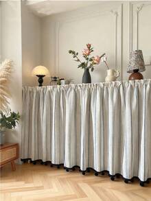 1Pc,Japanese-Style Faux Linen Blue Opaque Striped Textured Pull Pleated Tape Short Curtain Panel - Versatile For Kitchen,Dining Cabinets & Doorways,Sink Occlusion,Farmhouse Decor - Blue - View 6