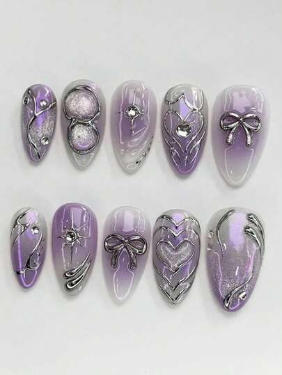 24pcs Medium Almond Shaped Press-On Nails, Purple Ombre, Blush Purple Short Pointed Tips With Silver Heart Line Design, Rhinestone Decor, High Gloss Full Coverage, Suitable For Women & Girls, Home DIY, Valentine's Day Manicure