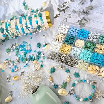 1 Box 24pcs Blue Ocean Style Turtle, Shell, Starfish Jewelry Making Set, Bracelet & Necklace Beading Kit