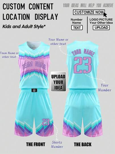 2pcs Customized Light Blue Basketball Jersey Set - Personalized Club Name, Number & Logo Print Tank Top + Shorts Sports Outfit, Fashionable, Casual, Minimalist, Personalized, Unique, Men's Clothing, Capsule Wardrobe, Men's Basics/Streetwear, Ideal Gift For Him, Boyfriend, Family, Friends, Suitable For Birthday, Holiday/Vacation, School/Match, Sports/Climbing