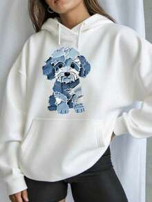 Women's Black Hooded Pullover - Blue Cute Puppy Comfortable Autumn Winter Loose Casual Sweatshirt With Drawstring Hood Design, Machine Washable For Daily Wear, Local Free Shipping-Casual Women's Drawstring Hoodie (50% Polyester 50% Cotton) - Perfect For Fall Daily Outfits - 白色 - 查看 11