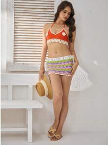 Saia Mini Estilo Boêmio de Crochê Feminina, Saia Transparente Semitransparente com Cordão, Verão - Multicolorido - Visão 4