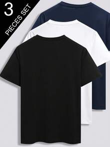 3pcs Solid Color Men's T-Shirts, Black, White, Navy Blue, Crew Neck Short Sleeve, Fashionable & Versatile For Sports & Outdoor Summer - Multicolor - View 3