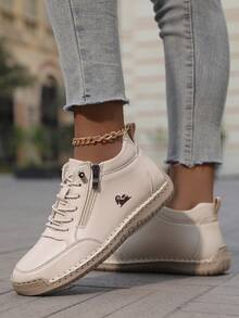 女士休闲一脚蹬踝靴，手工缝制，户外徒步，橡胶防滑耐磨鞋底，时尚百搭 - 杏色 - 查看 4