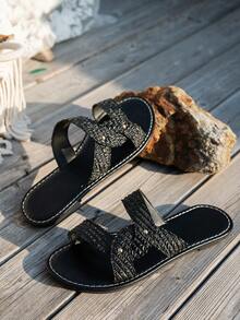 Sandalias de playa con tiras cruzadas de piel sintética, verano - Negro - Ver 5