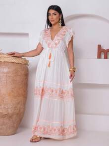 Boho Long Dress With Lurex Detail - White - View 4