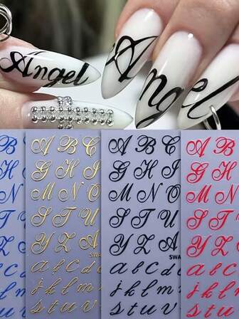 英字ネイルステッカー、ゴシック ローマ字、ゴールド レッド ブルー ブラック、自己接着、3Dイングリッシュレターネイルデコレーション、レターネイルアートステッカー、Y2Kスタイルネイルアート製品、バレンタインデーシンプルな英字ネイルステッカー、3Dブラックゴシック文字ネイルアートステッカー、ファッショナブルでロマンチックな英語の言葉、アーティスティックデザインネイルアートステッカー