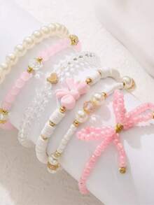 1 Set Sweet Cute Pink Series Dopamine Love Heart Bow Layered Elastic Bracelet Set (No Card), European And American Cross-Border INS Style - Bow Bracelet Set - View 5