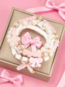 1 Set Sweet Cute Pink Series Dopamine Love Heart Bow Layered Elastic Bracelet Set (No Card), European And American Cross-Border INS Style - Bow Bracelet Set - View 4