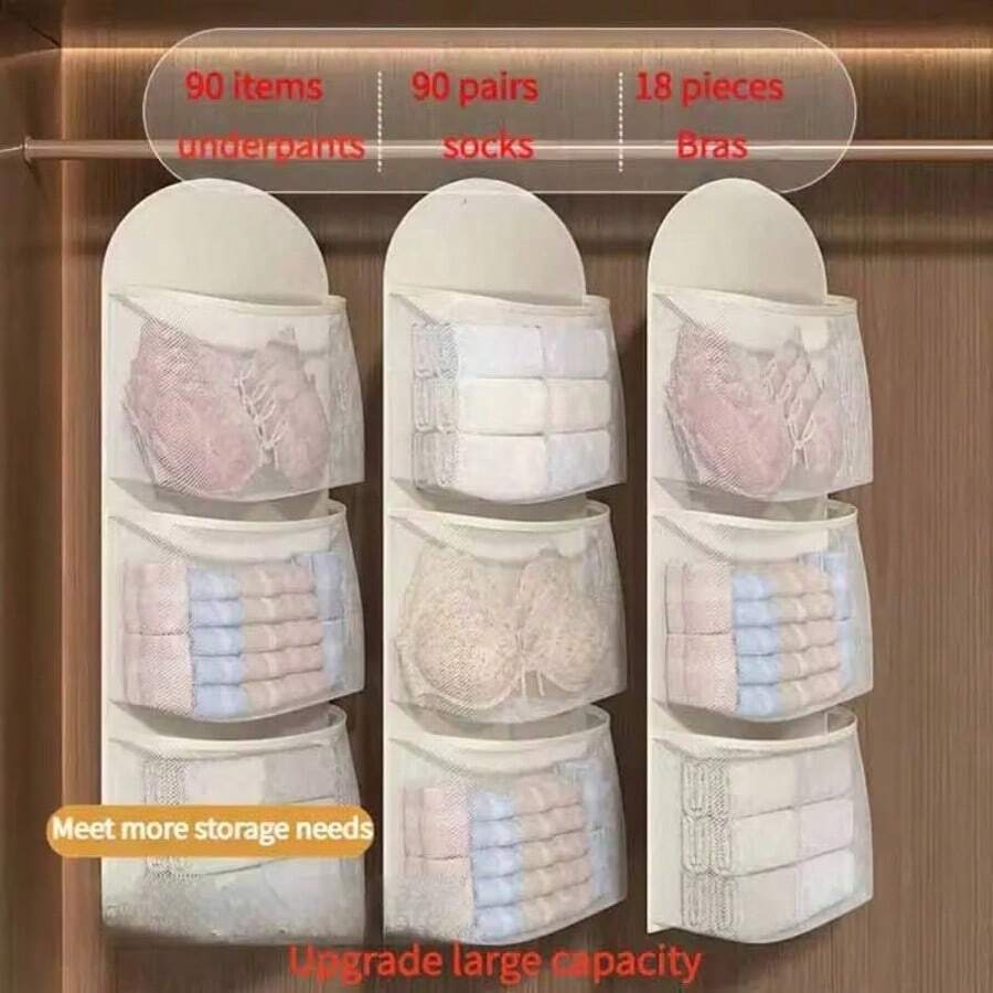 1pc Three Layer Hanging Underwear, Socks, And Bra Mesh Storage Bag - Suitable For Dormitory And Home Wall Hanging Transparent Pocket Design | Multi Layer Clothing Sorting And Storage Bag - Multicolor - View 1