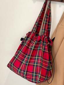 Simple Versatile Women's New Large Capacity Checkered Shoulder Tote Bag Fashion Commuting Storage Bags - Burgundy - View 5