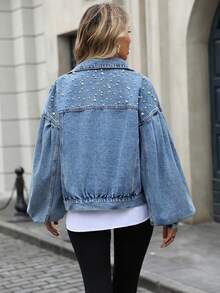 HAPPY GIRL Casual Fashionable Denim Jacket With Pearl Decor, Suitable For Daily, School, Party, Travel, Airport Wear, Spring/Summer - Blue - View 5