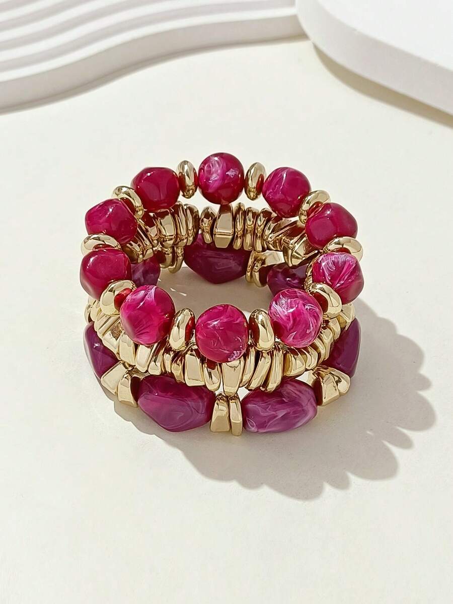LADYCOCO 3pcs Vintage Thick Multi-Layer Multi-Color Acrylic Beaded Bracelet Set, Transformable Gold Chip Bracelet, For Women, Couples, Party, Daily Wear