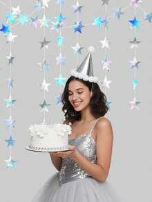 1条4米激光银色星星花环，斋月五角星悬挂装饰，浪漫婚礼房间装饰，悬挂丝带，适用于生日、婚礼装饰、家居装饰、房间装饰、节日、开斋节 - 銀色 - 查看 6