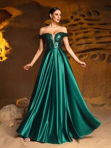 Faeriesty 优雅露肩亮面紧身胸衣上衣，搭配高开衩A字裙——完美适用于黑领结晚宴、正式晚宴、婚礼、慈善活动和红毯场合。 - 墨綠色 - 查看 8