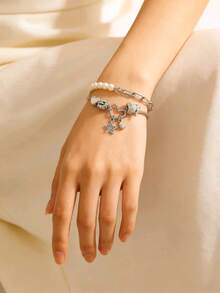 سوار جديد عصري مزدوج الطبقات للنساء، سلسلة عظم الثعبان باللؤلؤ مع قلادة نجمة وقمر وقلب ورسوم رباعية، إكسسوار فاخر مصنوع يدويًا - متعدد الألوان - مشاهدة 10