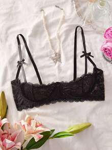 Plus Size Black Lace Seductive Bow Decor Half Cup Underwire Bra, Lingerie - Black - View 3