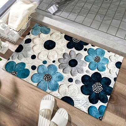 1pc Fresh Style Carpet, Beige Base With Allover Print Blue-Gray 3D Floral Pattern, Multiple Sizes Available, Soft & Skin-Friendly Material, Housewarming Gift, Kitchen Carpet, Kitchen Mat, Kitchen Rug, Doormat, Small Rug, Carpet, Home Decor, Area Rug, Outdoor Mat, Hallway Rug, Home Decor, Living Room Carpet, Area Rug