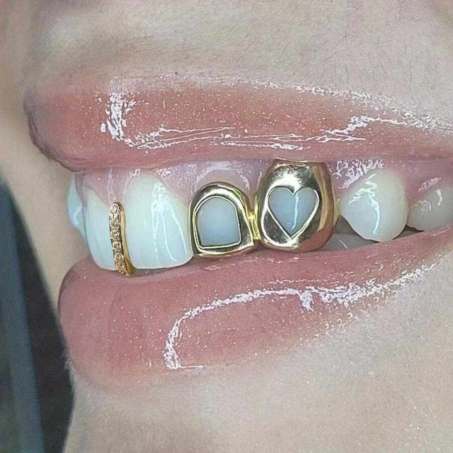 2 pièces Grillz à dents en strass creux, bijoux de dents style hip-hop, cadeau de fête de mode unisexe - Multicolore - Voir 1