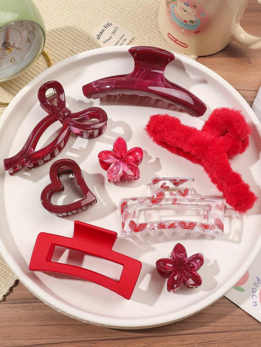 8件套新年红色爱心印花方形发夹，毛绒交叉蝴蝶结爱心发夹，优雅简约大理石雏菊发夹，甜美简约日常发饰毛绒发夹优雅发爪时尚发夹情人节配饰夏季礼物