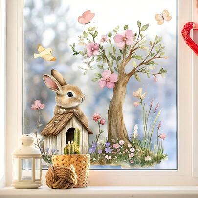 1pc Easter Bunny, Butterfly, Floral & Tree House Window Cling, Double-Sided Transparent Static Cling Glass Sticker, Suitable For Holiday Home Decor
