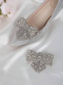 2pcs (1 Pair) Silver & Gold Bow Rhinestone Detachable Shoe Clips, Fashion Elegant Luxury Shoe Accessories For High Heels, Shoes, Sneakers, Casual Shoes, Versatile - Silver - View 3
