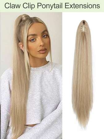 Ponytail Extension Claw Clip Ponytail Hair Extension 24 Inch Long Straight Ponytail Hair Pieces For Women Synthetic Fiber Natural Hair Extension Ponytail For Women Daily Use(Blonde)