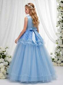 Girls' Princess Dress, Children's Wedding Tulle Dress, Embroidered Flower Girl Dress For Performance - Blue - View 2